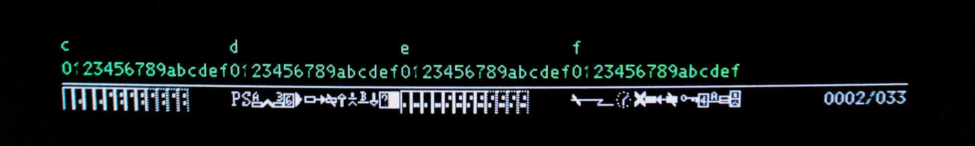 Photograph of status line character map shown on an IBM 3483-V terminal